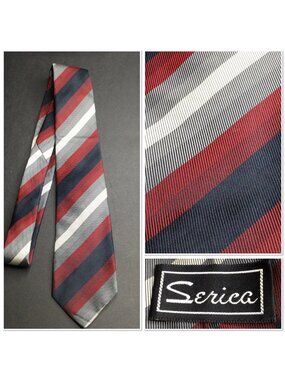 Vintage Serica Mens Silk Striped Repp Tie Red Navy Gray Diagonal Office Preppy